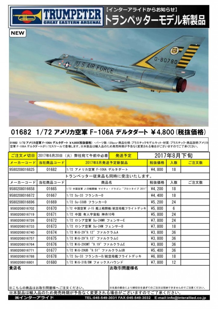 01682　1/72 アメリカ空軍 F-106A デルタダート ￥4,800(税抜価格) ・パーツ数：120pcs+α ・商品仕様：プラスチックモデルキット ・完成時サイズ：全長 299.5mm/全幅 162.1mm ・商品説明：東西冷戦期にアメリカ空軍が要撃機として採用していたF-106A デルタダートが完全新金型で登場します。F-106は要撃任務に特化した機体ではありましたが、高高度での加速性能と格闘能力の高さが評価されています。製品はスライド金型を使用し、繊細なモールドで無尾翼デルタ翼形式の本機を再現しています。
